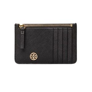 NEW Tory Burch Black Robinson Top-Zip Leather Card Holder Wallet
